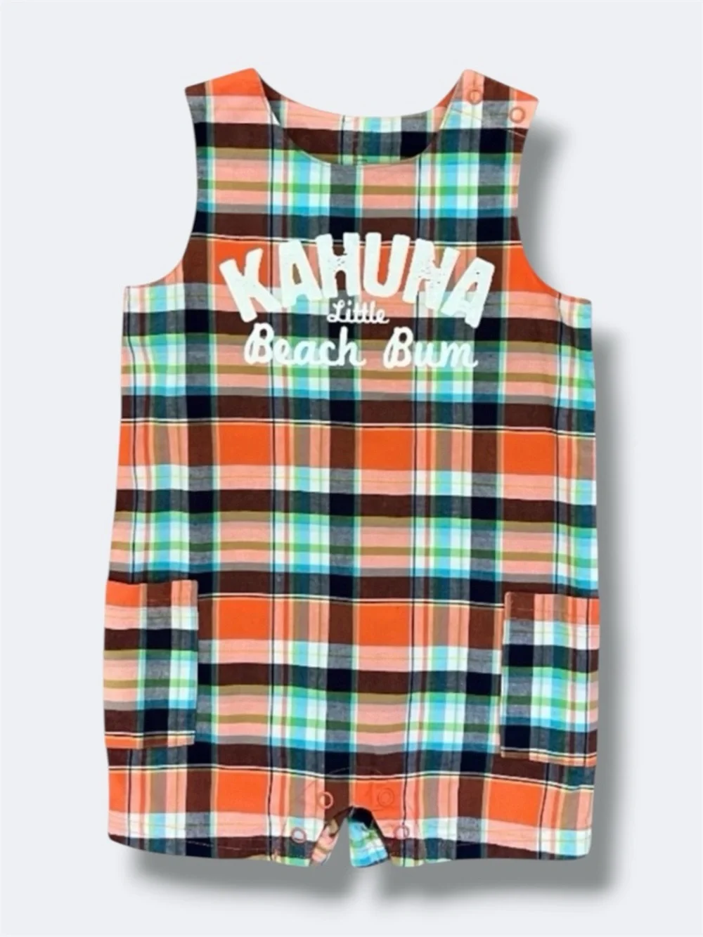 🍄 3/$15 Carter’s Romper Boys 18M Orange Plaid Beach Bum Surf Graphic Cotton